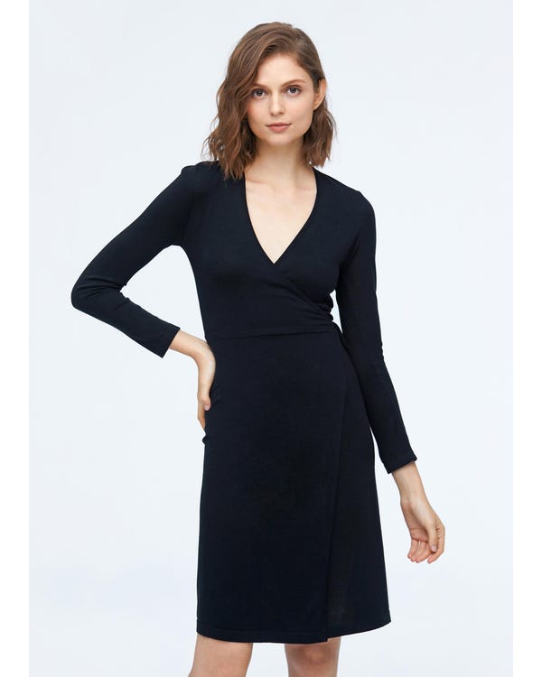 Three-Quarter Sleeve Silk Knitted Wrap Dress-hover